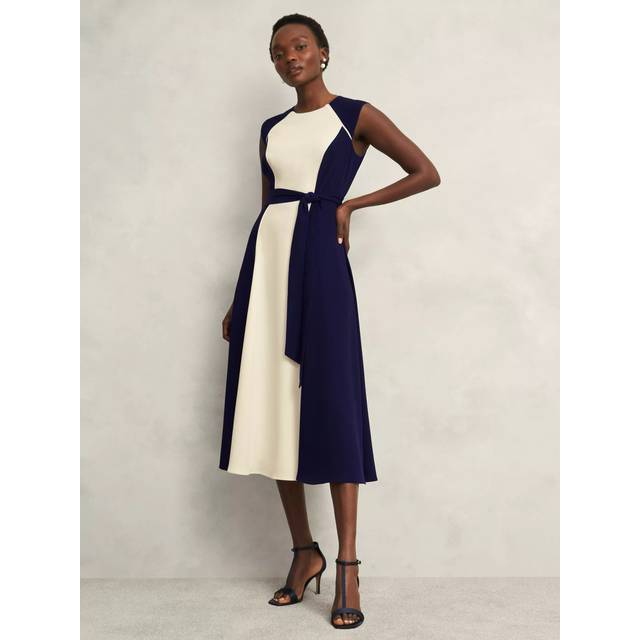Hobbs Petite Andrea Colour Block A-Line Midi Dress, Navy Cream