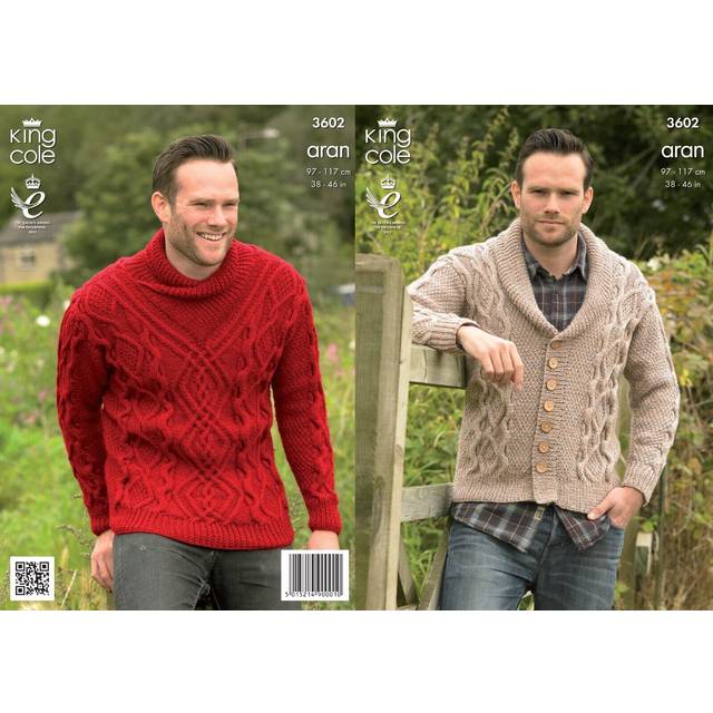 King cole knitting patterns in big value aran men's jumper & cardigan 38-46 in