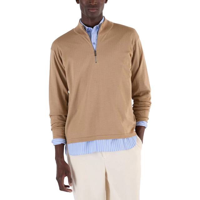 John Smedley Unisex Quarter Zip Pullover, Light Camel/Red