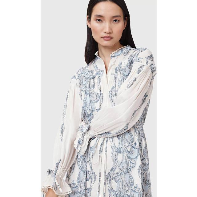 AllSaints Delphine Linen Silk Floral Midi Shirt Dress, Lita Blue/White