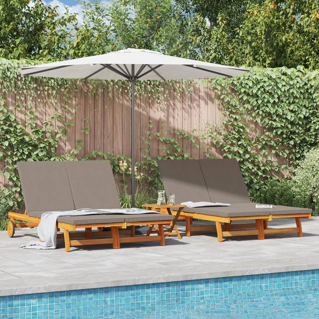 Double Sun Lounger with Wheels and Cushion - Solid Acacia Wood vidaXL