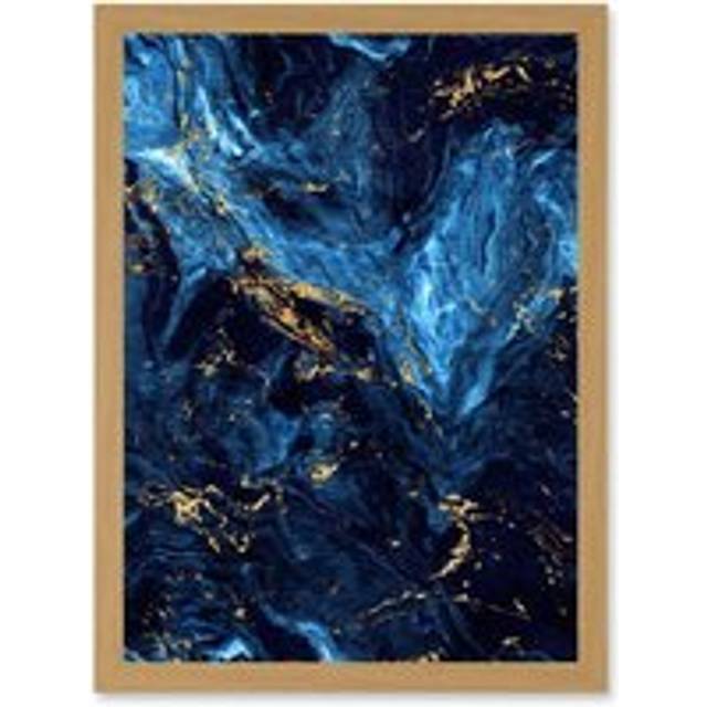 Abstract Dark Blue Gold Swirl Watercolour Modern Artwork Framed Wall Art Print A4 - Tan - One Size