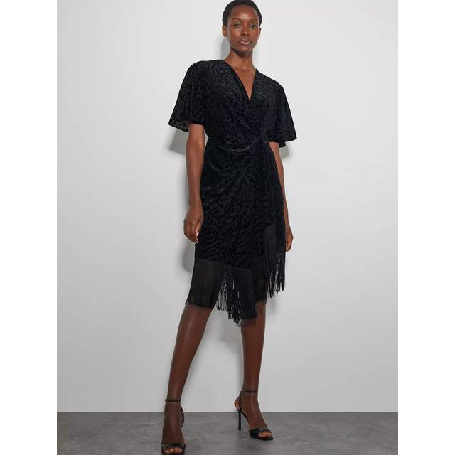 Monsoon Dana Devore Fringed Wrap Dress, Black