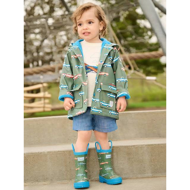 Hatley Kids' Truck Print Waterproof Hooded Rain Jacket, Comfrey