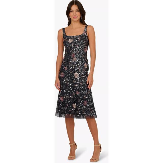 Adrianna Papell Beaded Flounce Hem Cocktail Dress, Navy/Pink