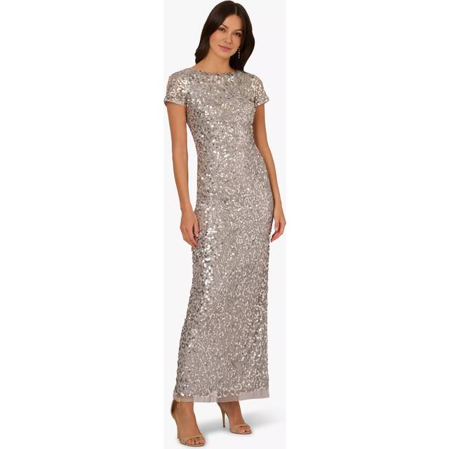 Adrianna Papell Beaded Mesh Maxi Dress, Silver Mist