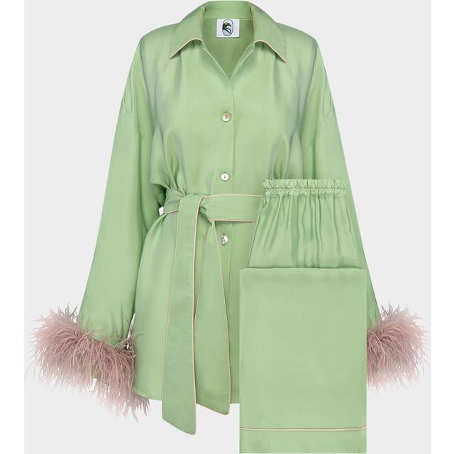 Miss Cat Feather-Trim Pajama Set - green - X-Small