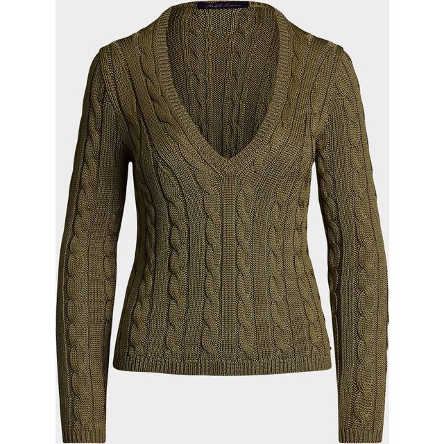 Cable-Knit Silk V-Neck Sweater - GREEN - Medium