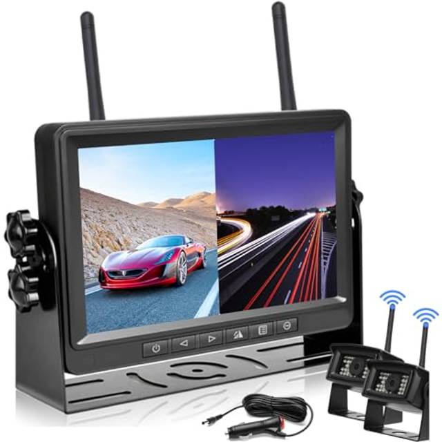 Hodozzy Digital Trådlös Backkamera, Backkamerakit med 7-Tums LCD-Monitor, Bakre Kamera, 2 IP69 Vattentäta Infraröda Mörkerseendekameror, Backkamera Monitor, 12-36V för Bil, Husvagn, Husbil, Lastbil