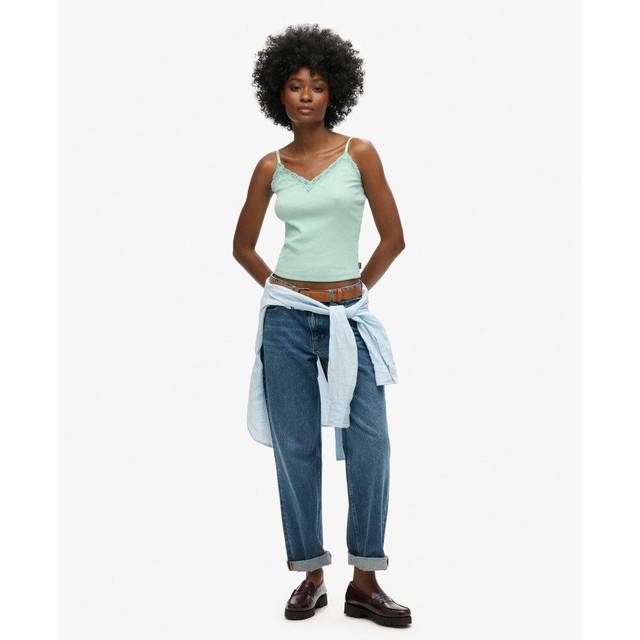Superdry Vintage Rib Lace Trim Cami Top, Minted Green Marl