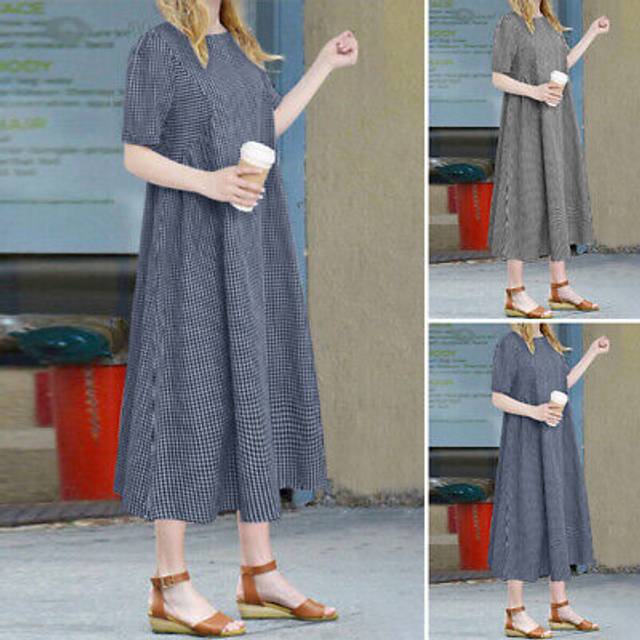 Summer women short sleeve check plaid midi dress casual loose shirt dresses plus