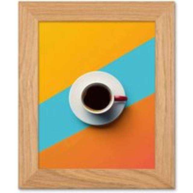 Coffee Cup Aerial View Vibrant Geometric Kitchen Art Oak Wood Framed Wall Print - Orange - W12 inch x H16 inch x D15mm