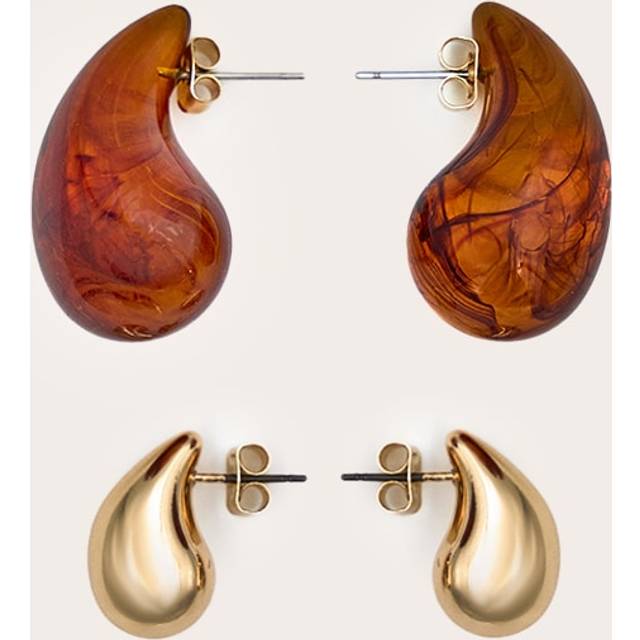 Gold and Marble Effect Tear Drop Multi-Pack Earrings, Multi - One Size
