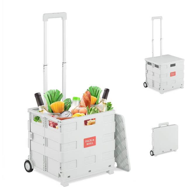 Relaxdays Shopping Trolley, Foldable, Basket with Wheels, Lid & Telescopic Handle, up to 35kg, Cart, Basket, White