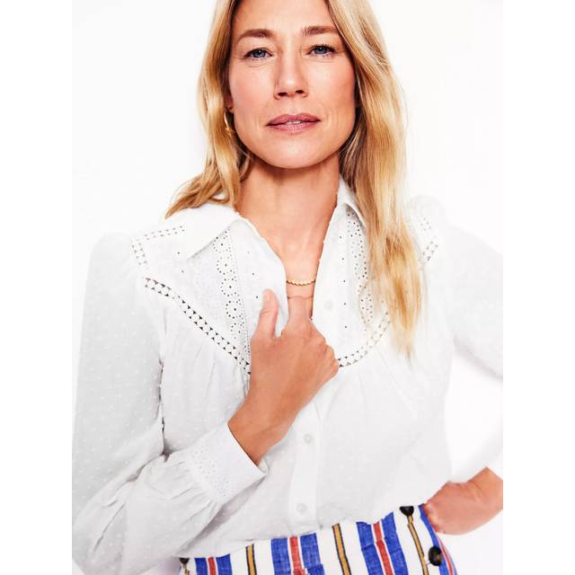 Boden Cotton Broderie Western Long Sleeve Blouse, White