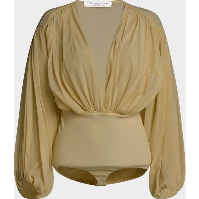 Plunging Gathered Long-Sleeve Bodysuit - BEIGE - 44 IT (8 US)