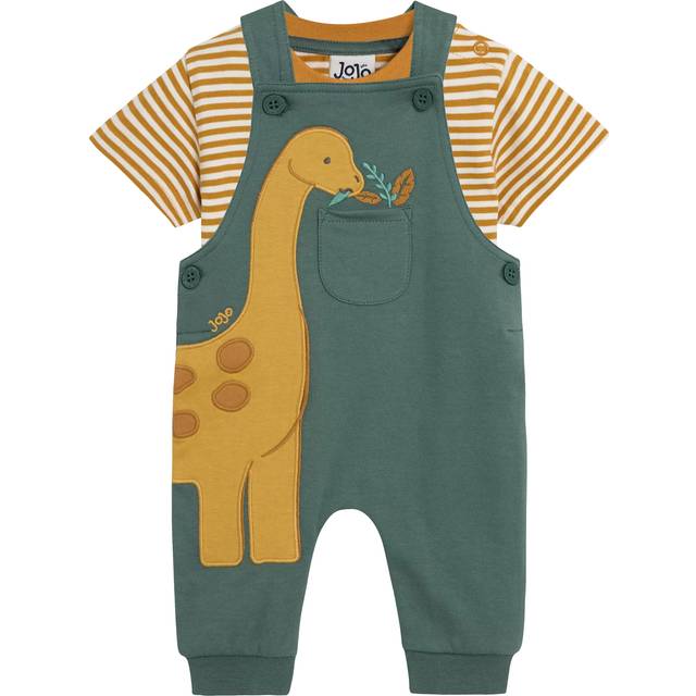 JoJo Maman Bébé Baby 2-Piece Diplodocus Appliqué Dungarees & T-Shirt Set, Khaki