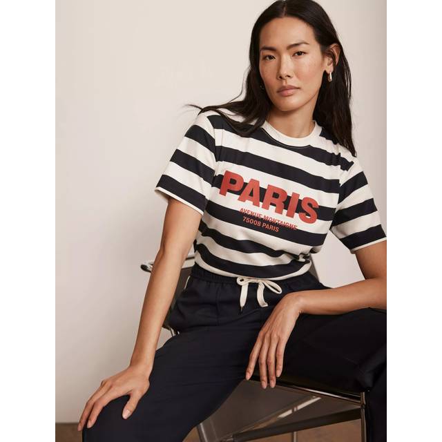 Mint Velvet Stripe Paris Slogan T-Shirt, Navy/Multi