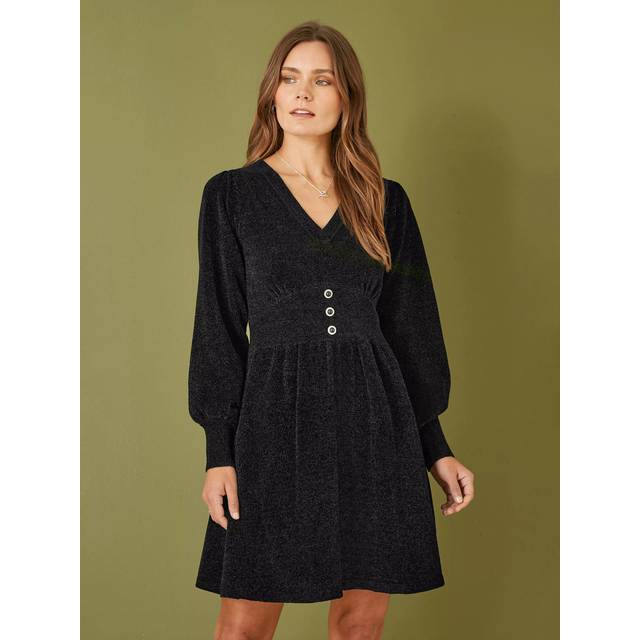 Black V Neck Empire Line Knitted Skater Dress
