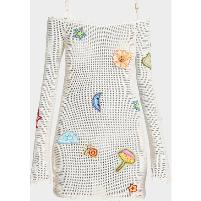 Off-The-Shoulder Patched Crochet Knit Mini Dress - WHITE - Small