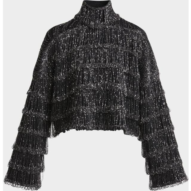 Sequin Fringe Turtleneck Long-Sleeve Crop Sweater - NOIRARGENT - 34 FR (2 US)