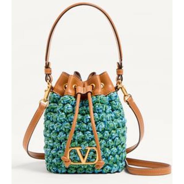 Valentino Garavani VLOGO SIGNATURE MINI BUCKET BAG IN RAFFIA CROCHET Woman GREEN/AZURE/CAMEL UNI