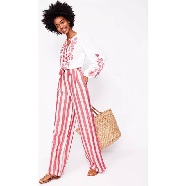 Boden Dulwich Stripe Pure Linen Trousers, Strawberry Red