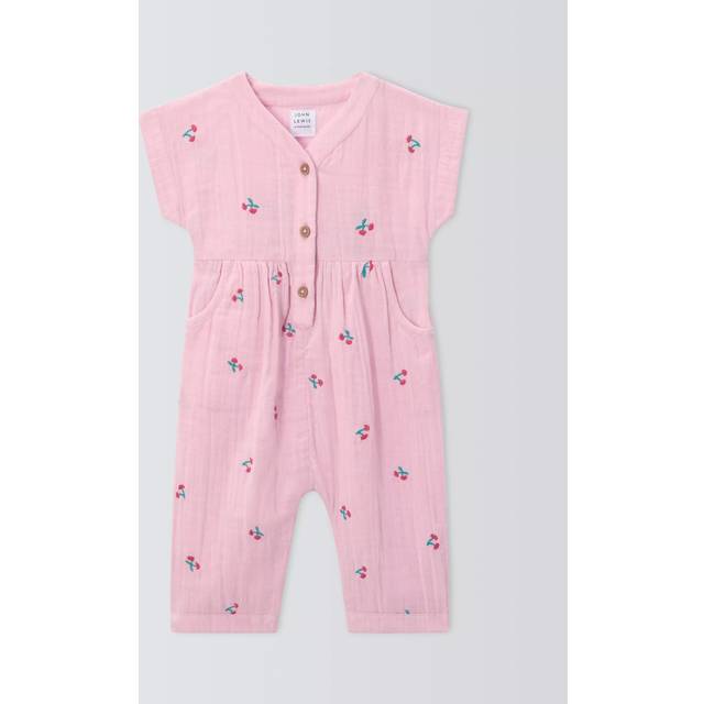 John Lewis Baby Cherry Embroidered Romper, Pink