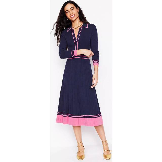Boden Collared Pleated Knitted Dress, Navy/Pink