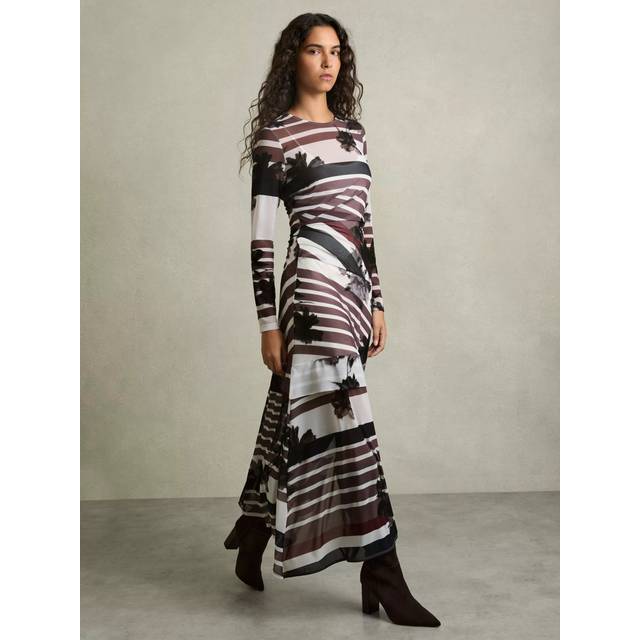 Reiss Chiara Stripe Print Dress, Burgundy/Multi