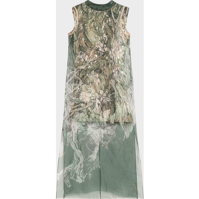 Printed Organza Sleeveless Midi Dress With Crinkle Foil Lining - HUNTER GREEN MULTI - 0