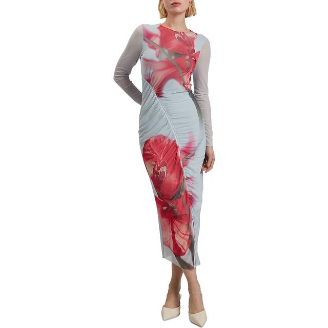 Printed Mesh Gathering Bodycon Midi Dress