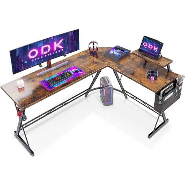 ODK Spelbord, spelskrivbord, hörnskrivbord för spelare, skrivbord, L-form med monitorstativ för kontor (vintage brun, 167 x 120 cm)