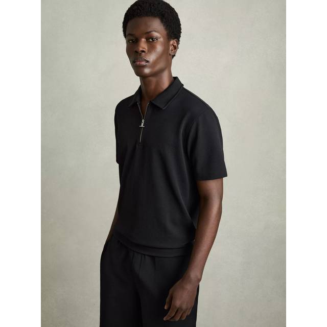 Reiss Albany Textured Zip-Neck Polo Shirt, Black