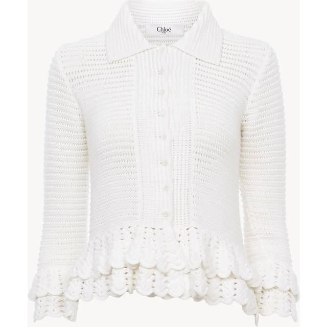 Chloé, Cardigans, female, White, M, White Jumper with Frills and Mother-of-Pearl Buttons