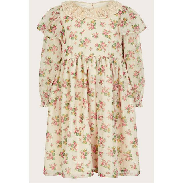 Monsoon Kids' FLoral Long Blouson Sleeve Dress, Ivory