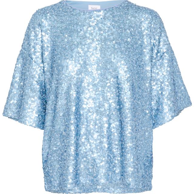 Saint Tropez, Blusar & Skjortor , Dam, M, Paillettblus Smoke Blue Oversized Fit - blue (M)