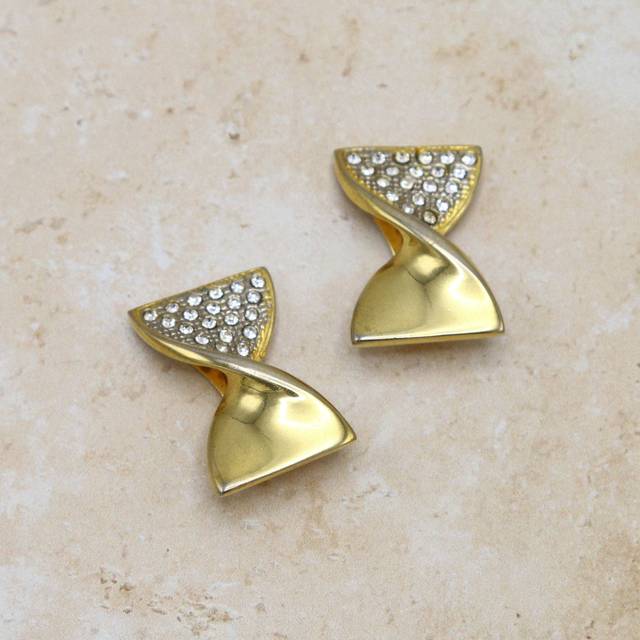 Vintage Mixed Pave Cluster Bow Clip On Earrings - Orelia Vintage - Gold