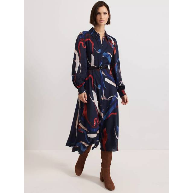 Phase Eight Katy Abstract Belted Midi Shirt Dress, Navy/Multi