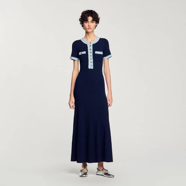 Robe longue en maille à détails denim - Marine - 40
