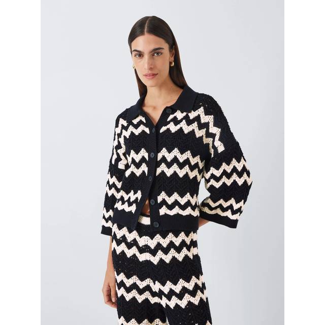 John Lewis Zig Zag Crochet Cardigan, Black/Cream