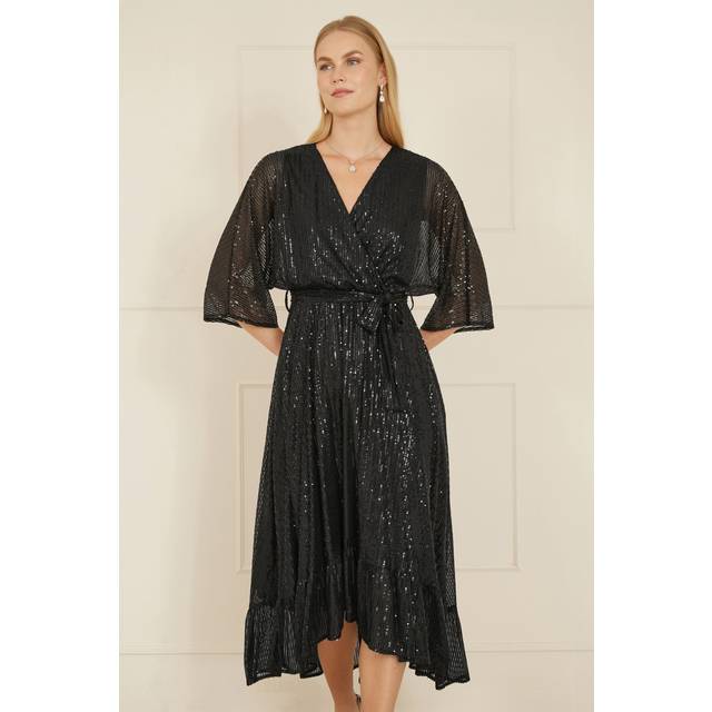 Yumi Black Sequin Kimono Midi Wrap Dress - Size 20 UK - Yumi