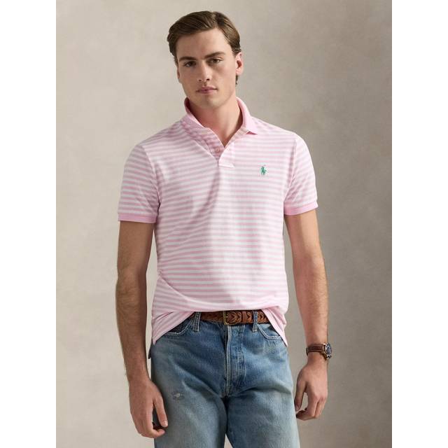 Ralph Lauren Stripe Cotton Mesh Regular Fit Polo Shirt, Carmel Pink/White
