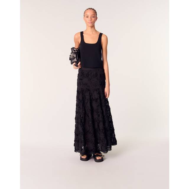 Embroidered Tiered Skirt - BLACK - Maje’s story begins in France in 1998, when Judith Milgrom was inspired by the cosmopolitan Parisian woman to create a brand that celebrates her trend-driven style. Offering collections ranging from ready-to-wear clothing to bags and accessories, each design is enlivened by sharp details to achieve the brand’s signature glamourous, yet bold and understated look.