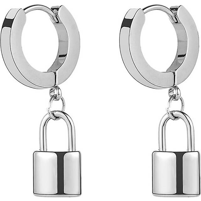 Vintage Small Padlock Earrings Dangle Hoop Silver