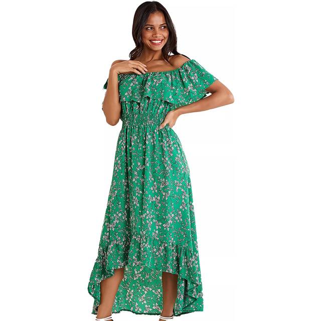 Yumi Green Bardot Asymmetric Maxi Dress - Size 10 UK - Yumi