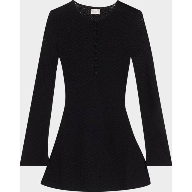 Buttoned Long-Sleeve Knit Mini Dress - NOIR - X-Small