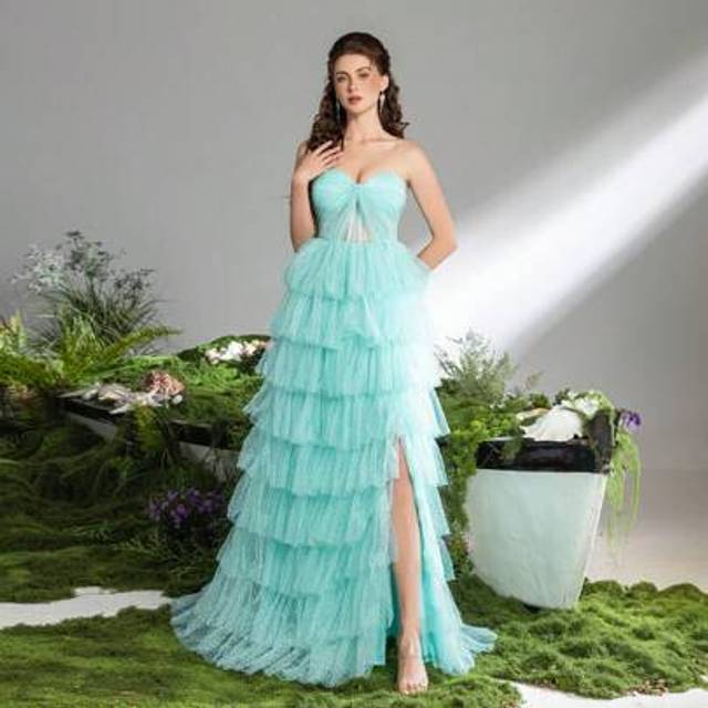 Elegant Romantisk Sheer Mesh Ruched Bustier Cake Tie Back Split Lår Festklänning, Aftonklänning, Bröllopsgästklänning - Mint Grön (L,M,S,XL,XS)