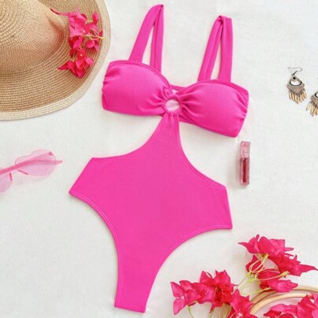1 st Dam Enfärgad Sexig Textured Cutout Monokini Baddräkt, Baddräkt i ett stycke - Skrikrosa (L,M,S,XL)