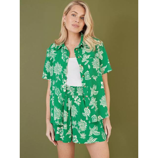 Mela London Womens Green Floral Print Ruched Waist Relaxed Fit Shorts - Size 16 UK